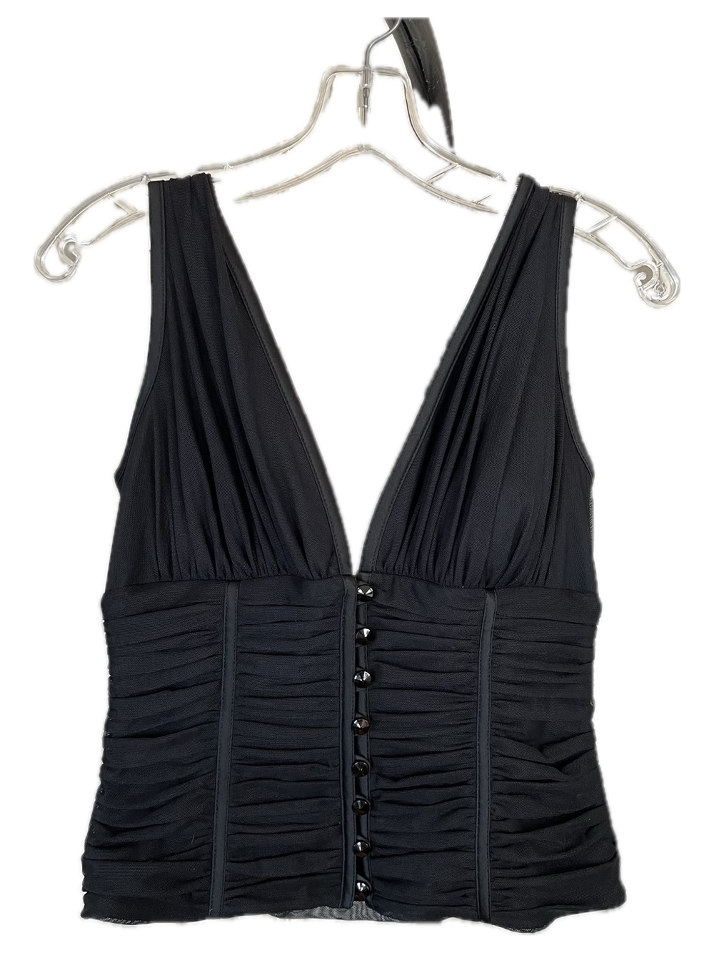 Vintage  Black Plunging Ruched Button-Front Mesh Corset  Bra Top
